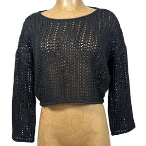 Black Crochet Open Knit Cropped Sweater‎ Goth Whimsigoth Medium Boho Layering